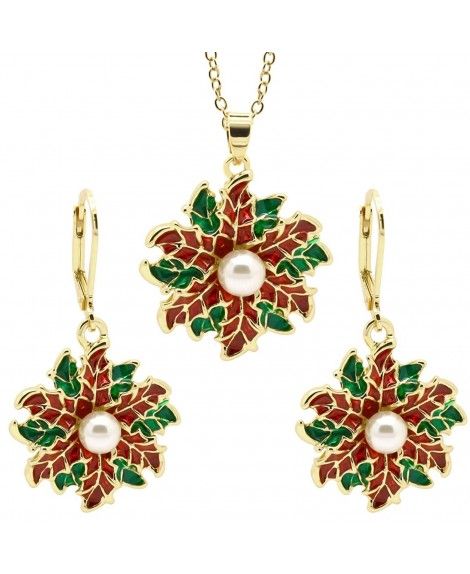 Poinsettia Jewelry Set Christmas Red Green Simulated Pearl Pendant ...