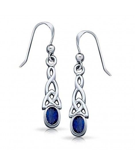 Oval Created Blue Sapphire Celtic Knot Dangle Earrings in Gold Plated 925 Silver 884335551044