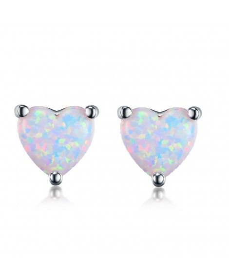 GEMSME White Gold Plated Created White Opal 6MM Heart Stud Earrings ...